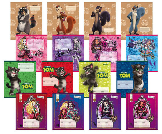 Герои мультфильма «Реальная белка», Говорящий кот Том и модные куклы Ever After High на обложках новых 24-листных тетрадей Герои мультфильма «Реальная белка», Говорящий кот Том и модные куклы Ever After High на обложках новых 24-листных тетрадей