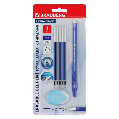 Ручка стираемая гелевая + 5 стержней + ластик, BRAUBERG ″ULTRA ERASE″, синяя Ручка стираемая гелевая + 5 стержней + ластик, BRAUBERG ″ULTRA ERASE″, синяя