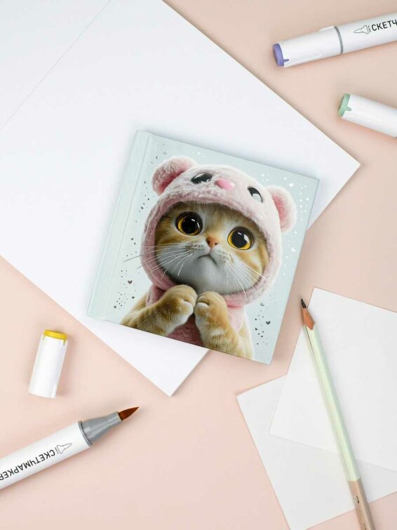 Блокноты ″Notebook″, 105х105 мм, 48 л, арт. 71919 КОТ В КАПЮШОНЕ / Блок - белый офсет 60 г/м², дизайнерский блок(клетка), твёрдый переплёт 7БЦ, тиснение фольгой, глянцевая ламинация