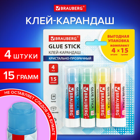 Клей-карандаш BRAUBERG ″COLOR Crystal″, 4 штуки на блистере Клей-карандаш BRAUBERG ″COLOR Crystal″, 4 штуки на блистере