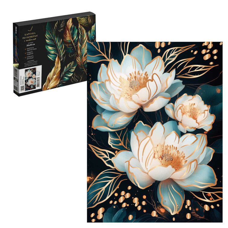 Набор для творчества Картина по номерам с поталью на черном холсте, Феникс+, ЗОЛОТЫЕ ЛОТОСЫ, 30х40 см, 18 цвета (-ов), с акриловыми красками и кистями, черный холст, поталь: медная, картонная коробка с ручкой Набор для творчества Картина по номерам с поталью на черном холсте, Феникс+, ЗОЛОТЫЕ ЛОТОСЫ, 30х40 см, 18 цвета (-ов), с акриловыми красками и кистями, черный холст, поталь: медная, картонная коробка с ручкой