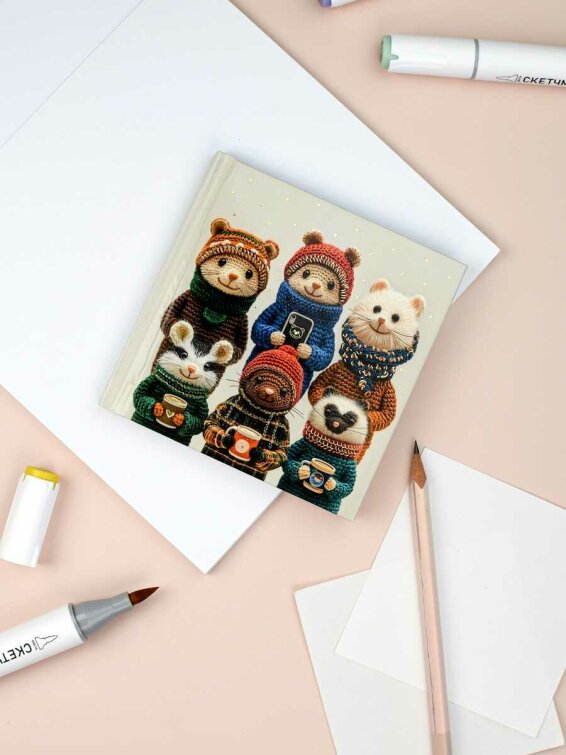 Блокноты ″Notebook″, 105х105 мм, 48 л, арт. 72045 ВЯЗАНЫЕ ЗВЕРИ / Блок - белый офсет 60 г/м², дизайнерский блок(клетка), твёрдый переплёт 7БЦ, тиснение фольгой, глянцевая ламинация