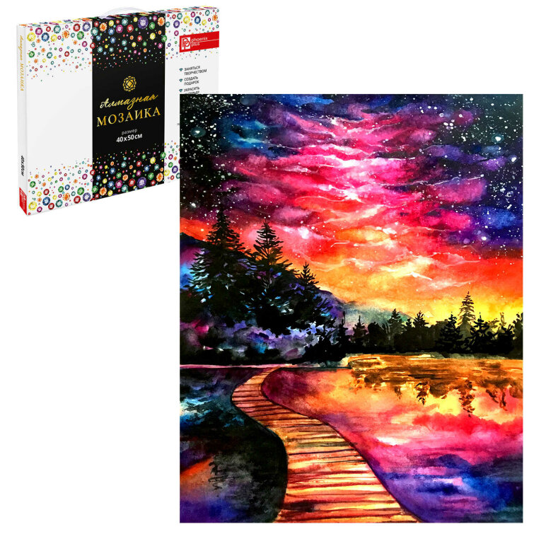 Алмазная мозаика (набор для творчества), СИЯНИЕ НОЧНОГО НЕБА, 40*50 см, 24 цветов страз, картонная коробка с ручкой Алмазная мозаика (набор для творчества), СИЯНИЕ НОЧНОГО НЕБА, 40*50 см, 24 цветов страз, картонная коробка с ручкой