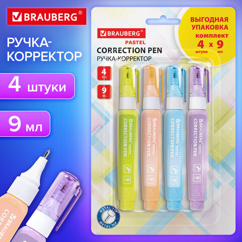 Ручка-корректор BRAUBERG PASTEL, комплект 4 штуки
