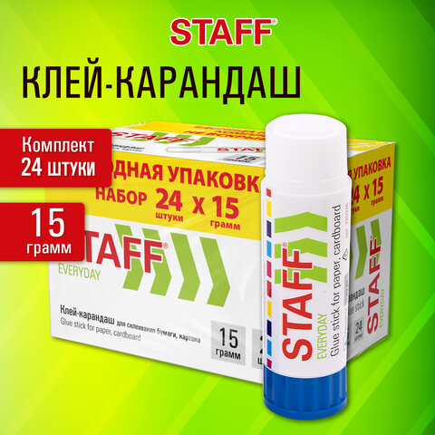 Клей-карандаш STAFF EVERYDAY, 15 гр, упаковка 24 шт Клей-карандаш STAFF EVERYDAY, 15 гр, упаковка 24 шт