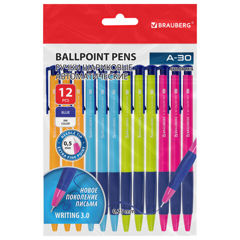 Ручки шариковые автоматические BRAUBERG A-30 COLOR MIX ″WRITING 3.0″, комплект 12 штук Ручки шариковые автоматические BRAUBERG A-30 COLOR MIX ″WRITING 3.0″, комплект 12 штук