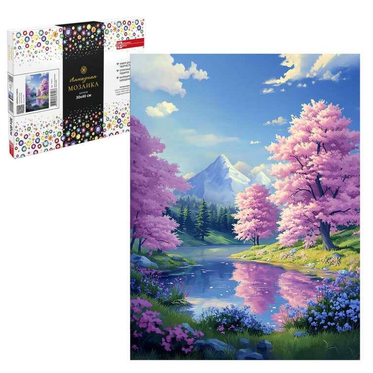 Алмазная мозаика (набор для творчества), САКУРА У ОЗЕРА, 30*40 см, форма страз: круглая, 29 цветов страз, картонная коробка Алмазная мозаика (набор для творчества), САКУРА У ОЗЕРА, 30*40 см, форма страз: круглая, 29 цветов страз, картонная коробка