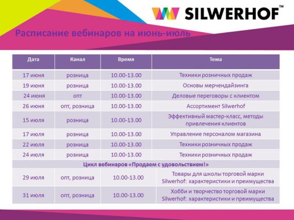 Новые вебинары ТД &laquo;Сильверхоф&raquo; в июне и июле