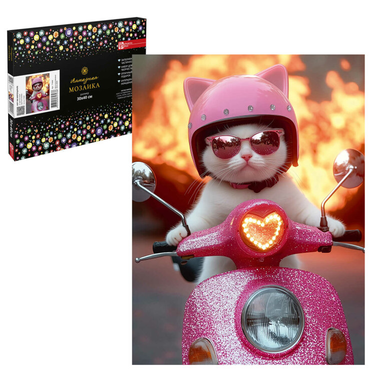 Алмазная мозаика с частичной выкладкой (набор для творчества), КОТ НА МОТОЦИКЛЕ, 30*40 см, форма страз: круглая, 11 цветов страз, картонная коробка Алмазная мозаика с частичной выкладкой (набор для творчества), КОТ НА МОТОЦИКЛЕ, 30*40 см, форма страз: круглая, 11 цветов страз, картонная коробка