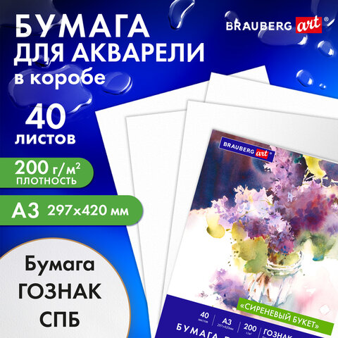 Бумага для акварели BRAUBERG ART CLASSIC, ″Сиреневый букет″ Бумага для акварели BRAUBERG ART CLASSIC, ″Сиреневый букет″