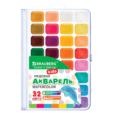 Краски акварельные BRAUBERG KIDS NEW, медовые, 32 цвета Краски акварельные BRAUBERG KIDS NEW, медовые, 32 цвета