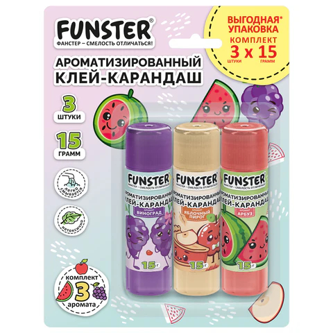 Клей-карандаш ароматизированный FUNSTER, 3 штуки (яблоко, арбуз, виноград) Клей-карандаш ароматизированный FUNSTER, 3 штуки (яблоко, арбуз, виноград)