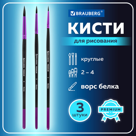 Кисти BRAUBERG PREMIUM, набор 3 шт. (беличьи круглые № 2, 3, 4). Кисти BRAUBERG PREMIUM, набор 3 шт. (беличьи круглые № 2, 3, 4).
