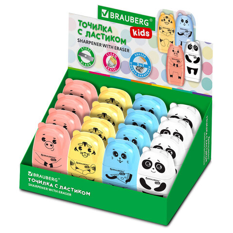 Точилка с ластиком 2 в 1 BRAUBERG KIDS ″Зверушки″ Точилка с ластиком 2 в 1 BRAUBERG KIDS ″Зверушки″