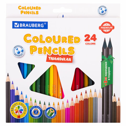 Карандаши цветные BRAUBERG PREMIUM 24 цвета + 2 чернографитных карандаша Карандаши цветные BRAUBERG PREMIUM 24 цвета + 2 чернографитных карандаша