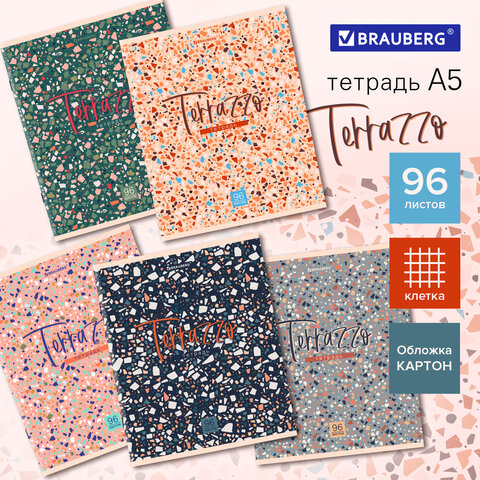Тетрадь А5 96 л. BRAUBERG скоба, клетка, ″Terrazzo″ Тетрадь А5 96 л. BRAUBERG скоба, клетка, ″Terrazzo″