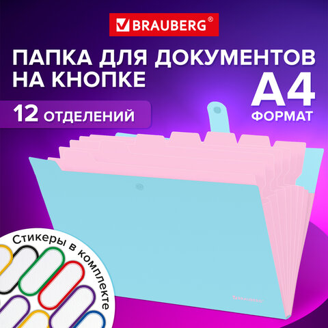 Папка-органайзер на кнопке 12 отделений, BRAUBERG Extra