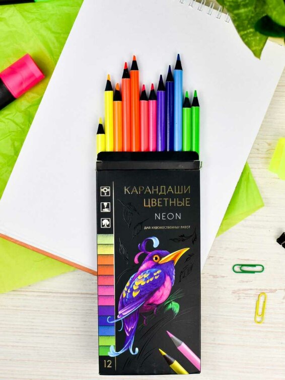Набор цветных карандашей деревянных, НЕОН, 12 цв Набор цветных карандашей деревянных, НЕОН, 12 цв