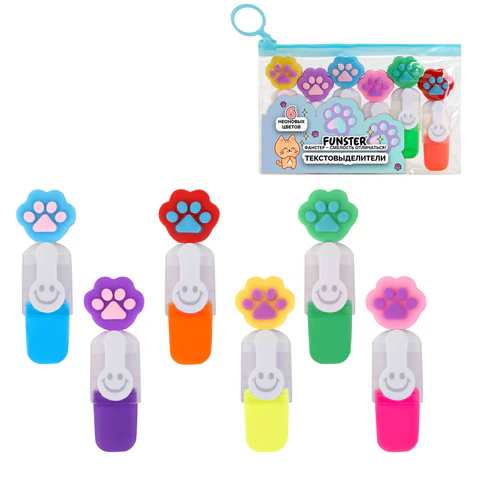 Набор текстовыделителей ″ЛАПКИ″ FUNSTER, неон 6 цветов Набор текстовыделителей ″ЛАПКИ″ FUNSTER, неон 6 цветов