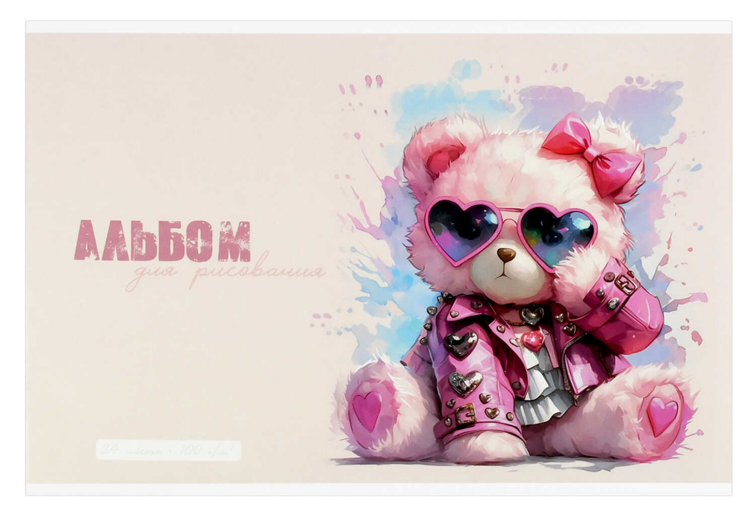 Альбом для рисования, формат А4, количество листов 24, мягкий переплёт (2 скобы), белый офсет, 100 г/м², сплошной глянцевый УФ-лак Альбом для рисования, формат А4, количество листов 24, мягкий переплёт (2 скобы), белый офсет, 100 г/м², сплошной глянцевый УФ-лак