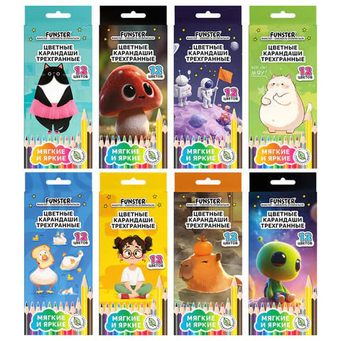 Карандаши цветные мягкие FUNSTER, 8 дизайнов, 12 цветов Карандаши цветные мягкие FUNSTER, 8 дизайнов, 12 цветов