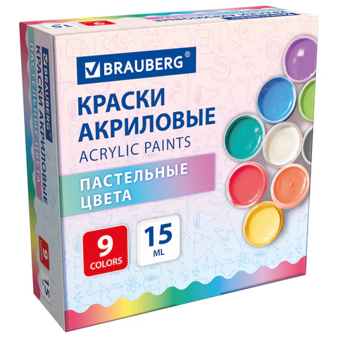 Краски акриловые пастельные 9 цветов, BRAUBERG Краски акриловые пастельные 9 цветов, BRAUBERG