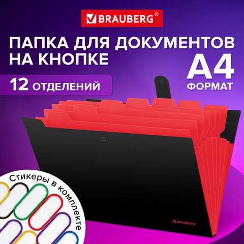 Папка-органайзер на кнопке 12 отделений, BRAUBERG Extra, А4 Папка-органайзер на кнопке 12 отделений, BRAUBERG Extra, А4