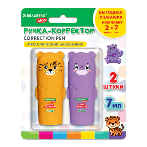 Ручка-корректор BRAUBERG KIDS ″ЗВЕРЯТА″, 2 штуки Ручка-корректор BRAUBERG KIDS ″ЗВЕРЯТА″, 2 штуки
