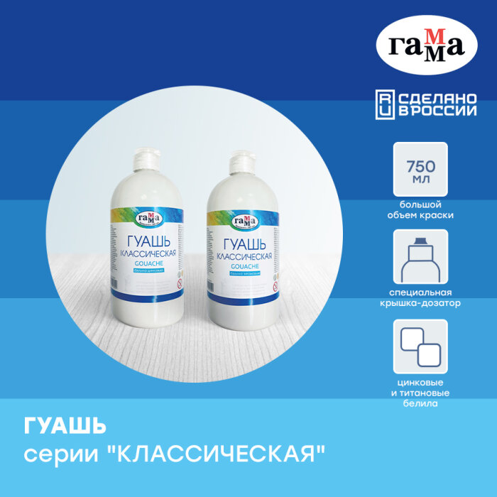 Самый выгодный объём гуаши ГАММА – белила серии «Классическая» в объёме 750 мл! Самый выгодный объём гуаши ГАММА – белила серии «Классическая» в объёме 750 мл!