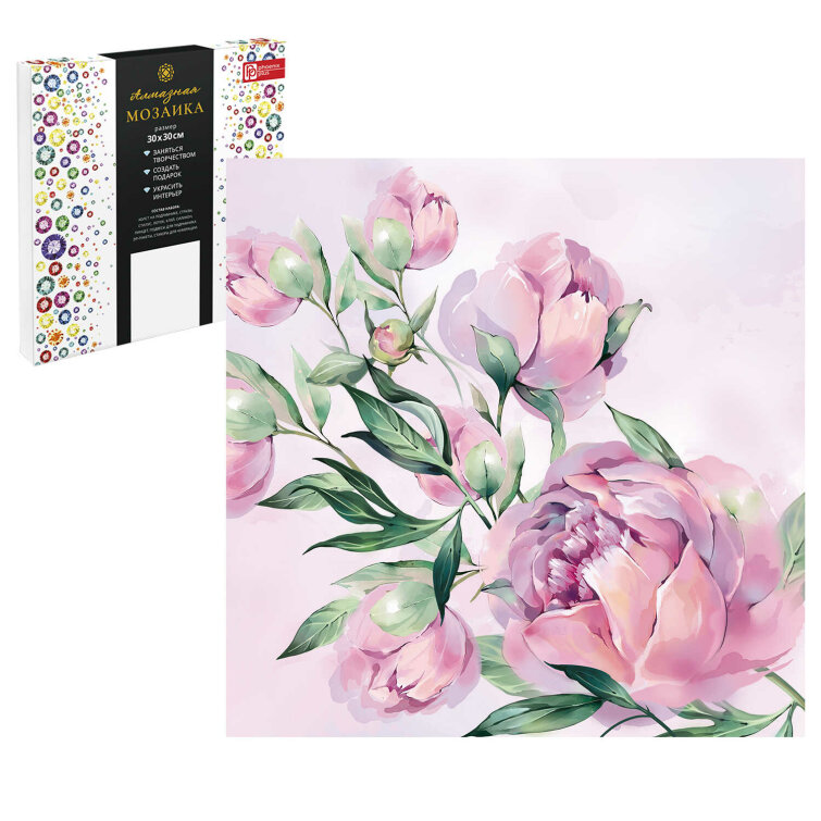 Алмазная мозаика НЕЖНЫЕ ПИОНЫ, 30*30 см, 18 цветов страз, картонная коробка Алмазная мозаика НЕЖНЫЕ ПИОНЫ, 30*30 см, 18 цветов страз, картонная коробка